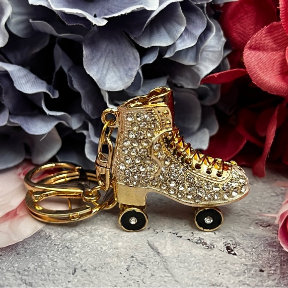 Golden Roller Skate with Silver Crystals Keychain Charm - Picture 3 of 16